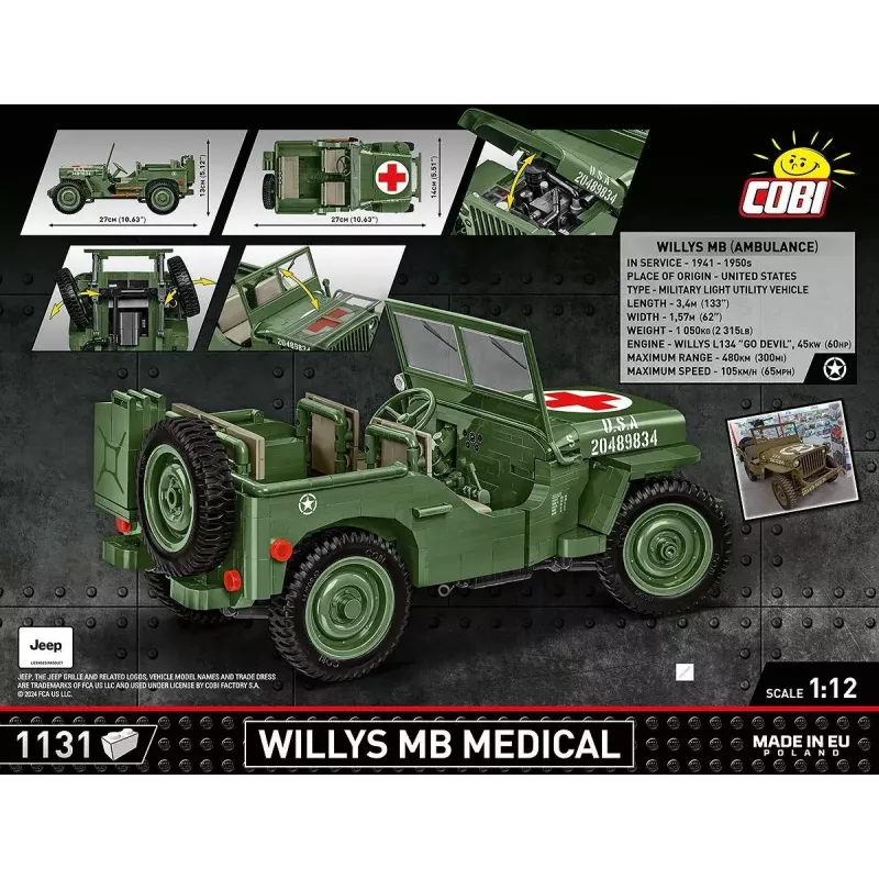 Būvniecības komplekts COBI Willys MB Medical 1131 detaļas, no 10 gadiem