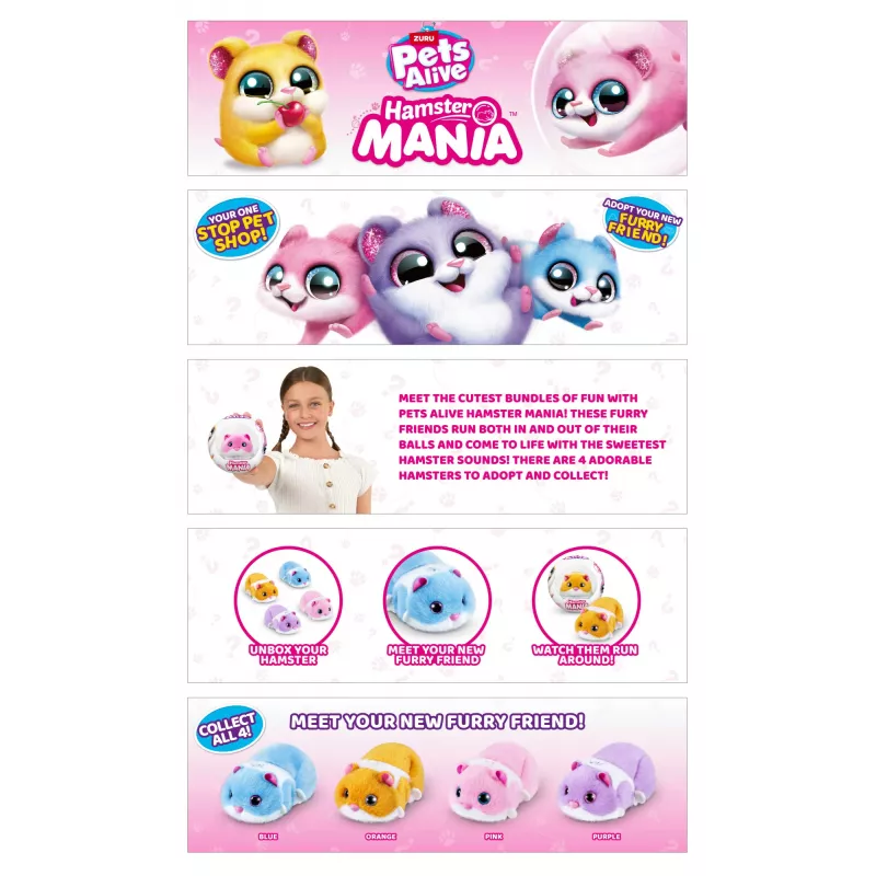 Zuru Pets Alive Hamster Mania — ar baterijām darbināms interaktīvs kāmis, vecumam 3+, AAA