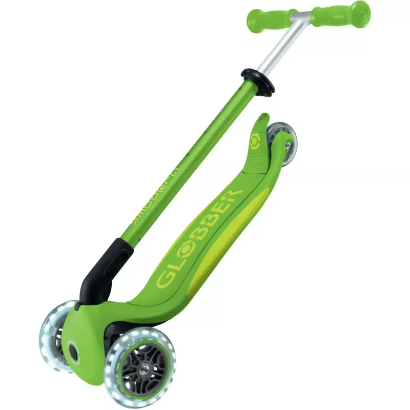 Skritulis GLOBBER Primo Foldable Plus Lights — salokāms bērnu skritulis ar integrētām gaismām, zaļi laima