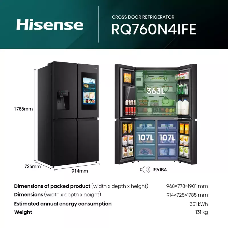 Ledusskapis Hisense Cross door RQ760N4IFE – Brīvi stāvošs, vairāku durvju, 577 L kopējā ietilpība, Melns