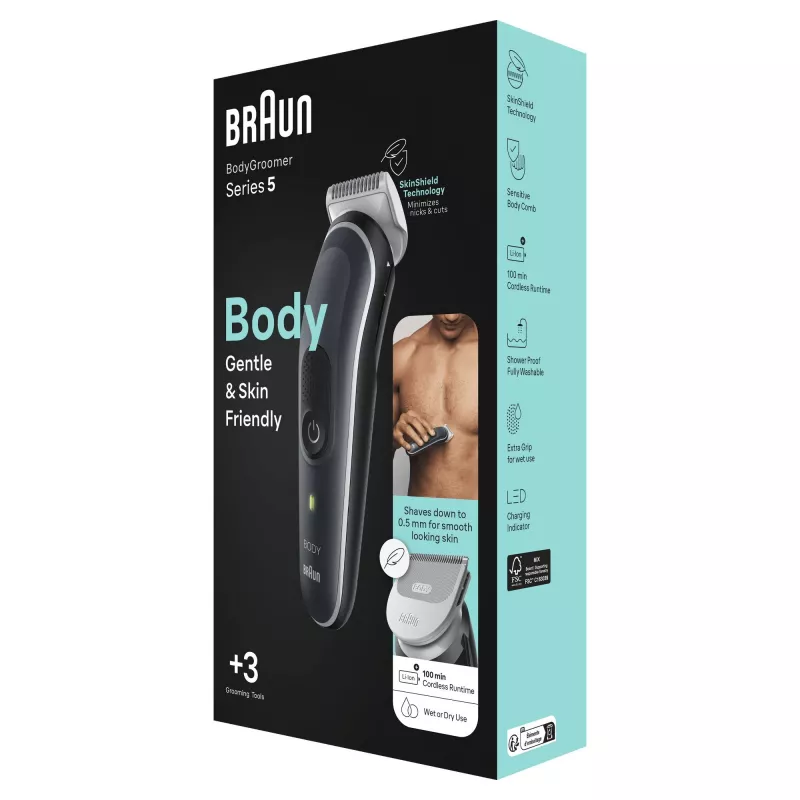 Braun BodyGroomer ķermeņa kopšanas ierīce 5 BG5340, ar SkinShield tehnoloģiju un 2 uzgaļiem