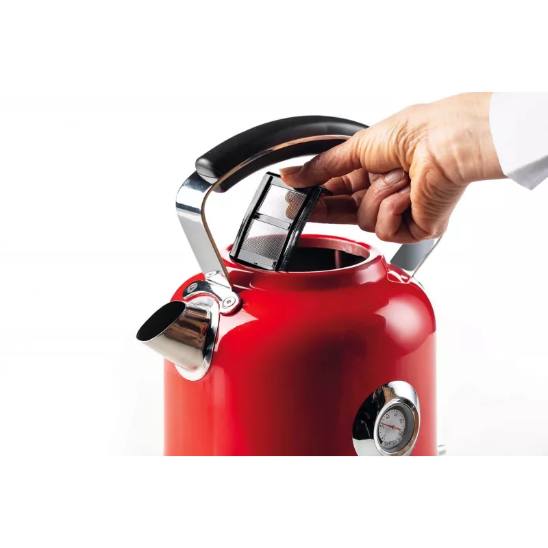 Ariete 2854 Moderna elektriskā tējkanna, 2000 W, 1,7 L tilpums, 360° bezvadu, automātiskā izslēgšanās sistēma, noņemams filtrs, redzams ūdens līmenis, termometrs, sarkana