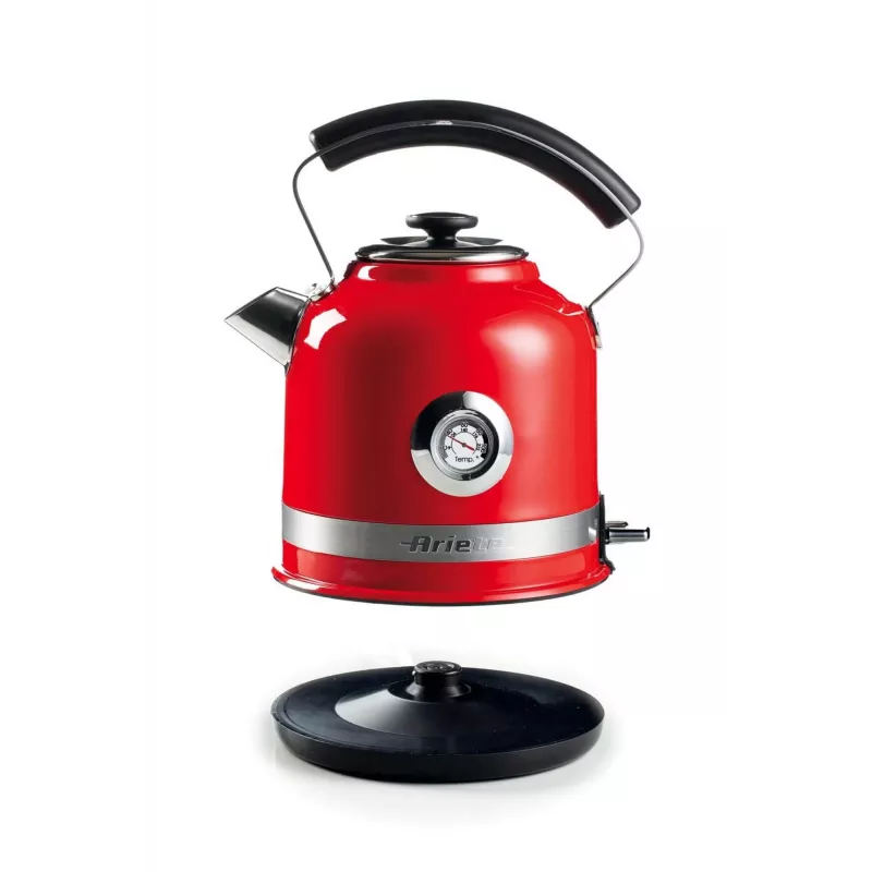 Ariete 2854 Moderna elektriskā tējkanna, 2000 W, 1,7 L tilpums, 360° bezvadu, automātiskā izslēgšanās sistēma, noņemams filtrs, redzams ūdens līmenis, termometrs, sarkana