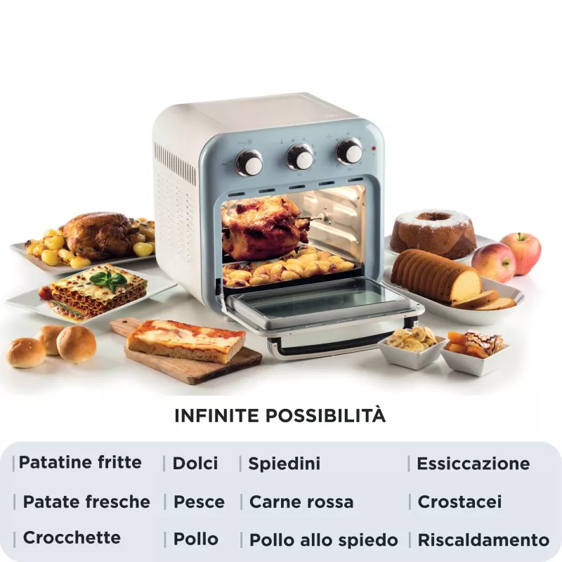 Ariete 4632 Gaisa fritieris un cepeškrāsns Vintage, 1400W, 2in1, Tilpums 16L, Piederumi iekļauti, Taimeris 60 minūtes, Dubultstikls, zils