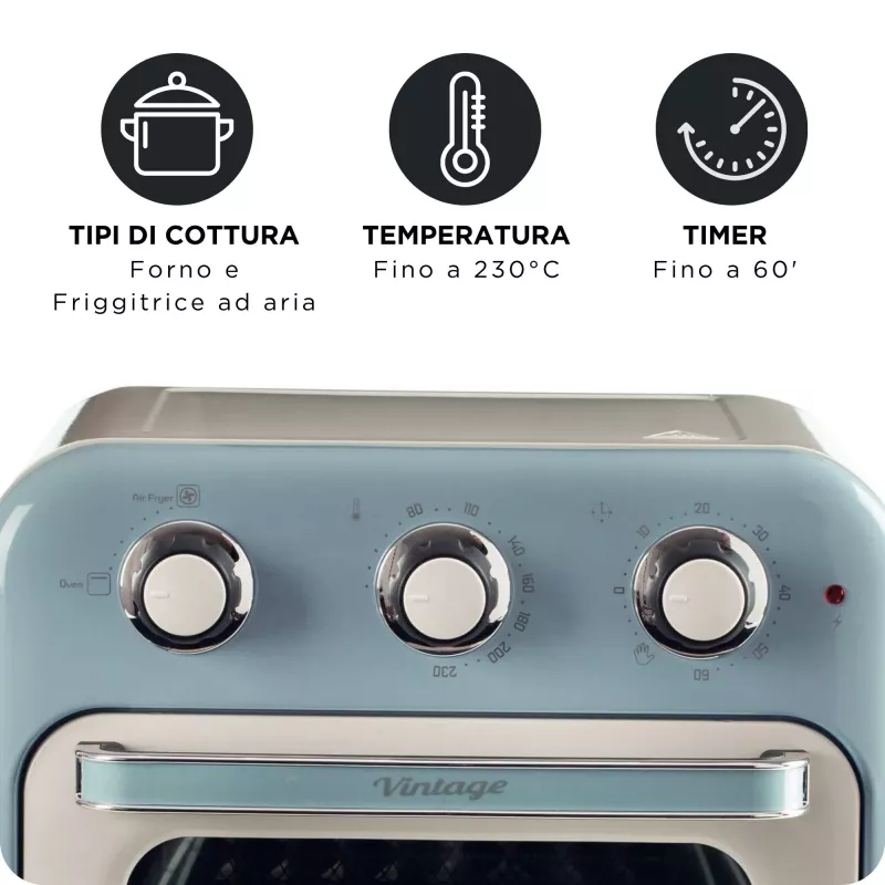 Ariete 4632 Gaisa fritieris un cepeškrāsns Vintage, 1400W, 2in1, Tilpums 16L, Piederumi iekļauti, Taimeris 60 minūtes, Dubultstikls, zils