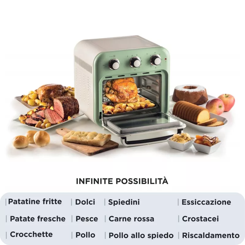 Ariete 4632 Gaisa fritieris un cepeškrāsns Vintage, 1400W, 2in1, Tilpums 16L, Iekļauti piederumi, Taimeris 60 minūtes, Dubultstikls, Zaļš