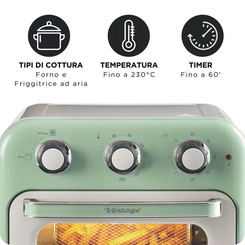 Ariete 4632 Gaisa fritieris un cepeškrāsns Vintage, 1400W, 2in1, Tilpums 16L, Iekļauti piederumi, Taimeris 60 minūtes, Dubultstikls, Zaļš