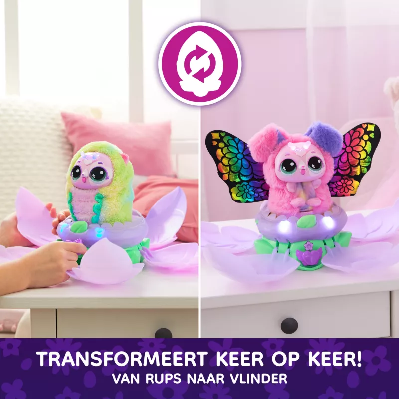 Hatchimals Bloomables by , Kittyfly pārsteiguma rotaļlieta, interaktīva plīša rotaļlieta ar atkārtojamu dubulto atklāšanu, vairāk nekā 100 skaņām un reakcijām iztēles rotaļām (stili var atšķirties), elektroniskie mājdzīvnieki bērniem no 5 gadu vecuma