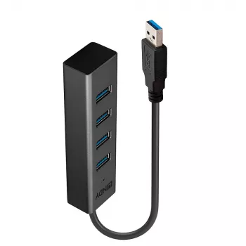 Lindy 4 portu USB 3.0 centrmezgls, USB 3.2 Gen 1 (3.1 Gen 1) Type-A, USB 3.2 Gen 1 (3.1 Gen 1) Type-A, 5000 Mbit/s, melns, alumīnijs, plastmasa, 0,3 m