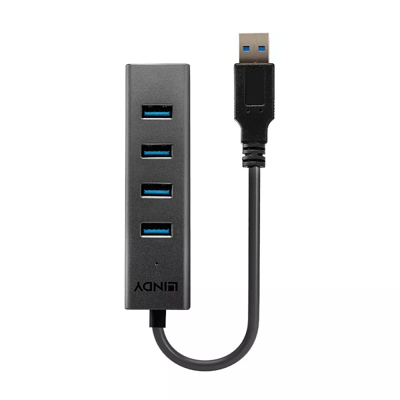 Lindy 4 portu USB 3.0 centrmezgls, USB 3.2 Gen 1 (3.1 Gen 1) Type-A, USB 3.2 Gen 1 (3.1 Gen 1) Type-A, 5000 Mbit/s, melns, alumīnijs, plastmasa, 0,3 m