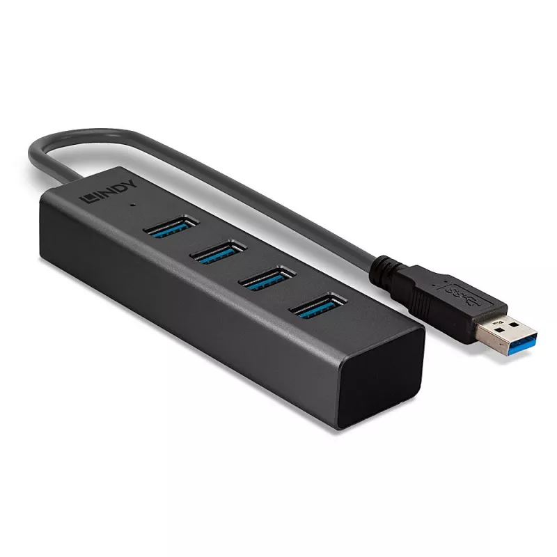 Lindy 4 portu USB 3.0 centrmezgls, USB 3.2 Gen 1 (3.1 Gen 1) Type-A, USB 3.2 Gen 1 (3.1 Gen 1) Type-A, 5000 Mbit/s, melns, alumīnijs, plastmasa, 0,3 m