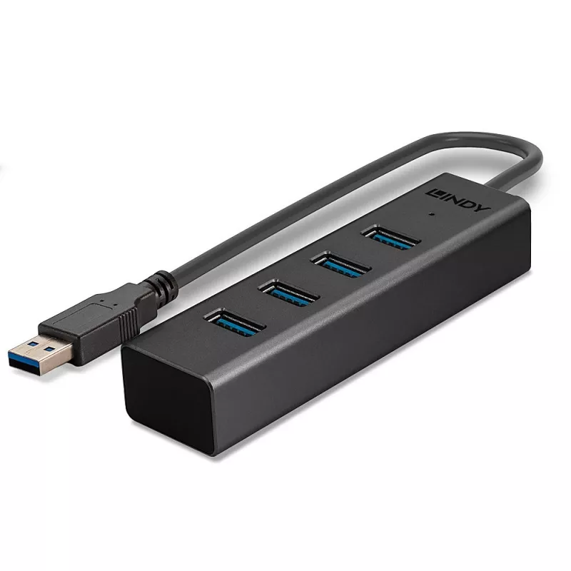 Lindy 4 portu USB 3.0 centrmezgls, USB 3.2 Gen 1 (3.1 Gen 1) Type-A, USB 3.2 Gen 1 (3.1 Gen 1) Type-A, 5000 Mbit/s, melns, alumīnijs, plastmasa, 0,3 m