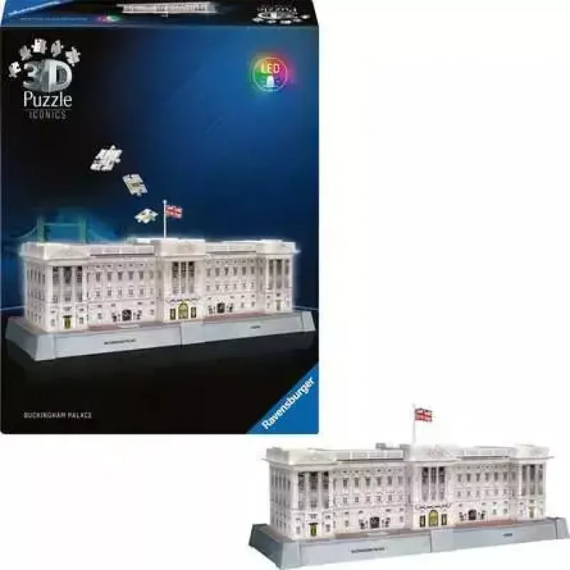 3D puzzle Ravensburger Iconics Buckingham Palace ar gaismu, 216 gab.