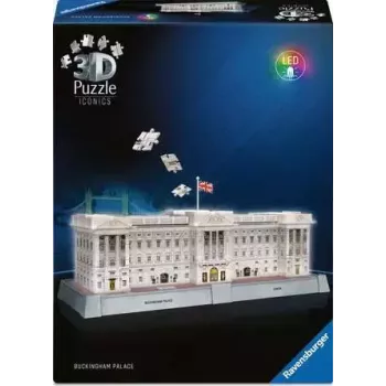 3D puzzle Ravensburger Iconics Buckingham Palace ar gaismu, 216 gab.