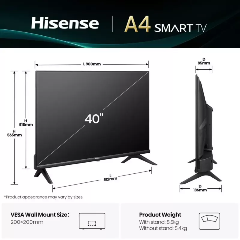 Hisense 40E4QT 101.6 cm (40 collas) Full HD viedtelevizors Wi-Fi melns