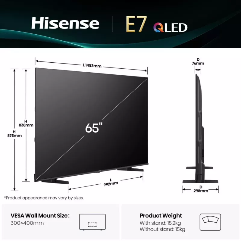 Hisense 65E77Q 165,1 cm (65 collas) 4K Ultra HD viedais televizors Wi-Fi melns