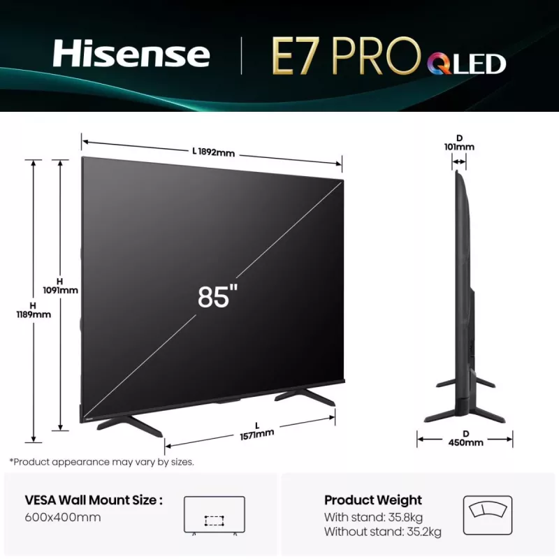 Hisense 85E77Q PRO 2.16 m (85 collas) 4K Ultra HD Smart TV Wi-Fi Melns