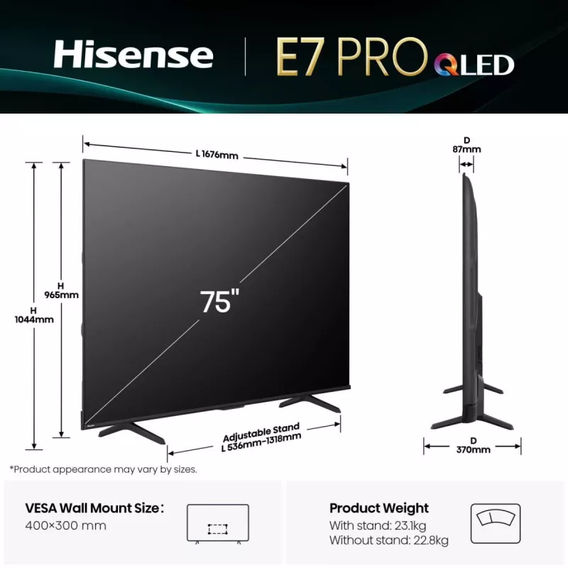 Hisense 75E77Q PRO 190.5 cm (75 collas) 4K Ultra HD Smart TV Wi-Fi Melns