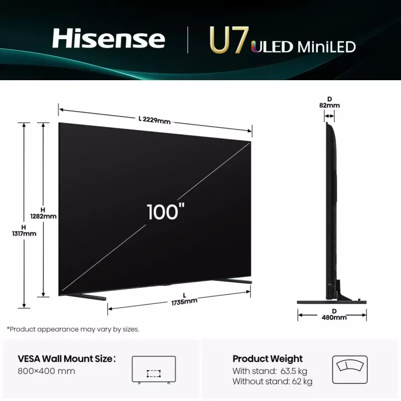 Hisense 100U7Q 2.54 m (100 collas) 4K Ultra HD Smart TV Wi-Fi Melns