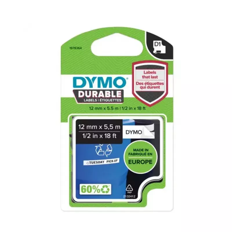 DYMO Authentic D1 Izturīgas uzlīmes | Melna druka uz balta lentes | 12 mm x 5,5 m | Augstas veiktspējas uzlīmju lente priekš LabelManager uzlīmju printeriem