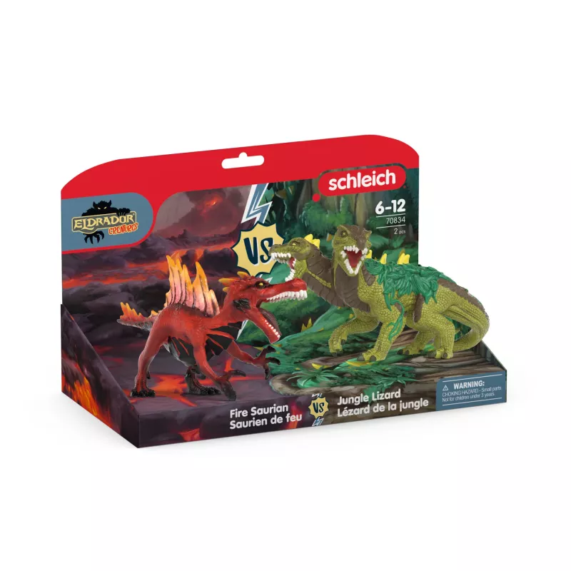 Rotaļlietu figūriņu komplekts Schleich Eldrador Creatures Uguns dinozaurs pret Džungļu ķirzaku, modelis 70834