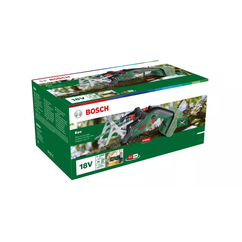 Bezvadu rokas zāģis Bosch Keo 2300 spm, 18 V, 2 Ah, 2300 spm, gājiens 115 mm, svars 1,4 kg