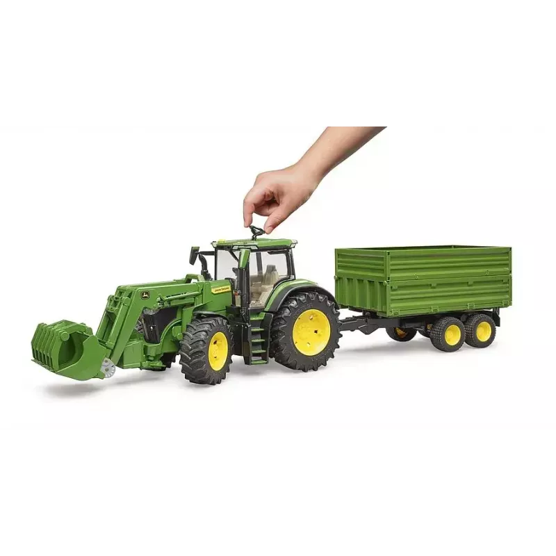 Traktors BRUDER John Deere 7R 350 ar priekšējo iekrāvēju un tandēmas piekabi ar apgāšanās funkciju, plastmasa, vecumam 3+