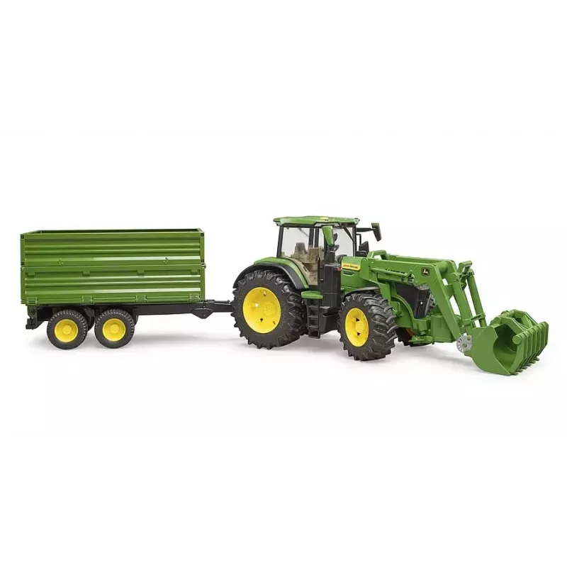 Traktors BRUDER John Deere 7R 350 ar priekšējo iekrāvēju un tandēmas piekabi ar apgāšanās funkciju, plastmasa, vecumam 3+