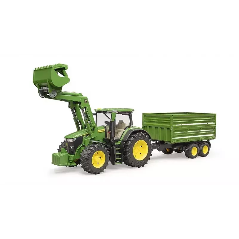 Traktors BRUDER John Deere 7R 350 ar priekšējo iekrāvēju un tandēmas piekabi ar apgāšanās funkciju, plastmasa, vecumam 3+