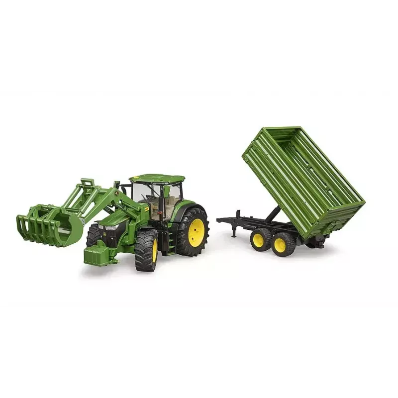 Traktors BRUDER John Deere 7R 350 ar priekšējo iekrāvēju un tandēmas piekabi ar apgāšanās funkciju, plastmasa, vecumam 3+