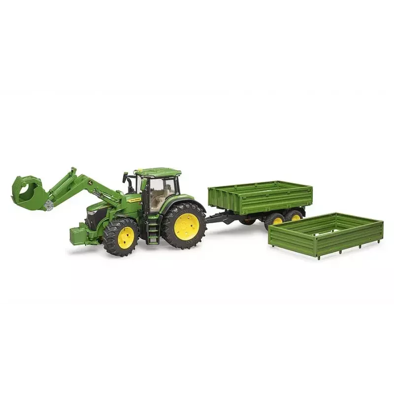 Traktors BRUDER John Deere 7R 350 ar priekšējo iekrāvēju un tandēmas piekabi ar apgāšanās funkciju, plastmasa, vecumam 3+
