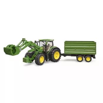 Traktors BRUDER John Deere 7R 350 ar priekšējo iekrāvēju un tandēmas piekabi ar apgāšanās funkciju, plastmasa, vecumam 3+