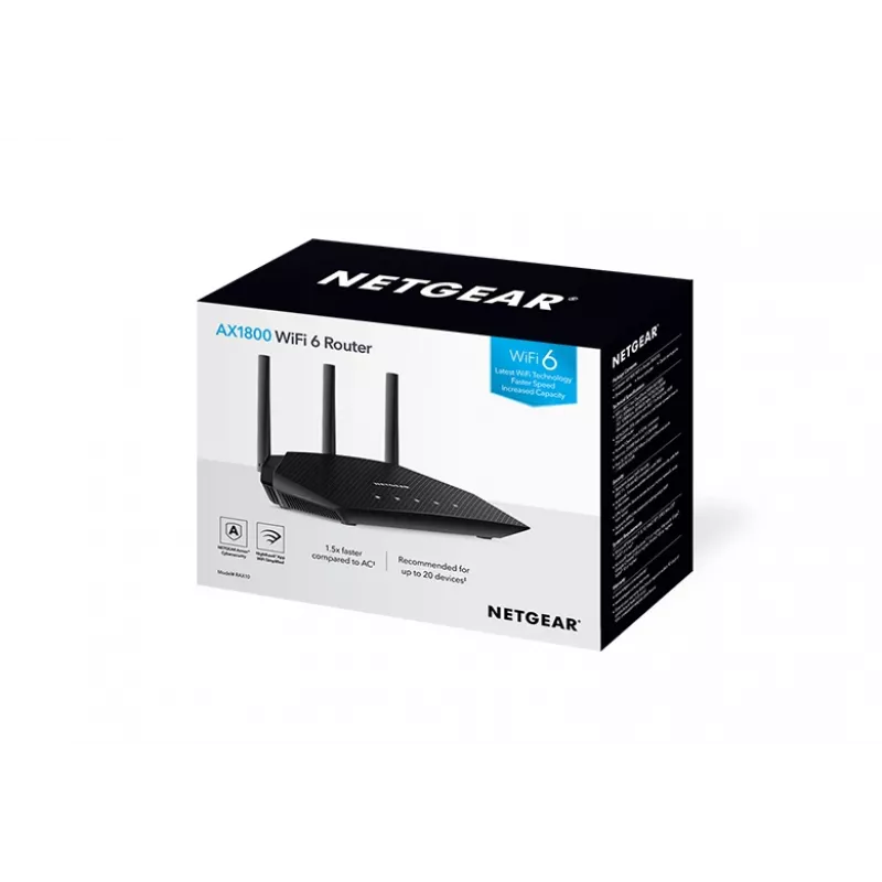 NETGEAR Nighthawk 4-Stream AX1800 WiFi 6 Router (RAX10) wireless router Gigabit Ethernet Dual-band (2.4 GHz / 5 GHz) Melns