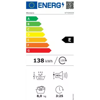 Siemens iQ300 WT43H004 veļas žāvētājs Brīvstāvošs Ielādēšana no priekšas 8 kg Balts