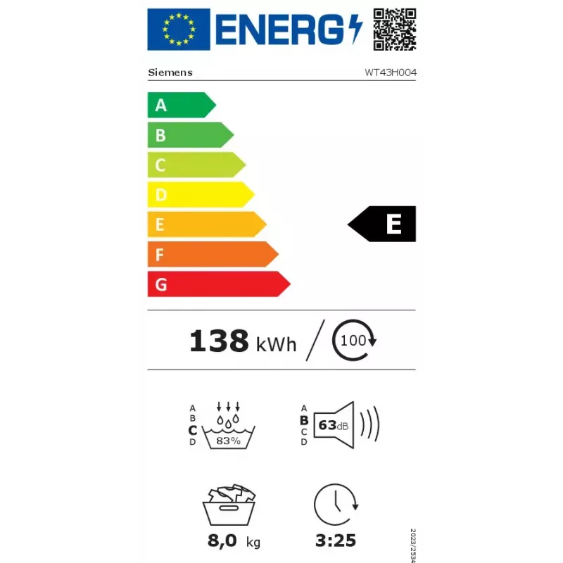Siemens iQ300 WT43H004 veļas žāvētājs Brīvstāvošs Ielādēšana no priekšas 8 kg Balts
