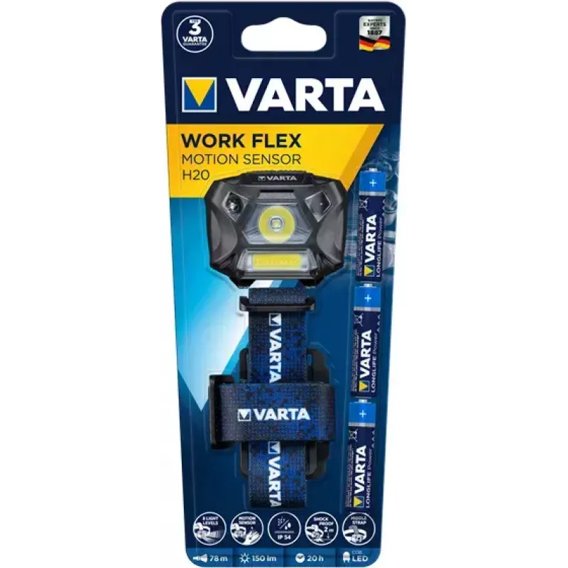 Galvas lukturītis Varta WORK FLEX MOTION SENSOR H20 melns zils LED 150 lm 20 h
