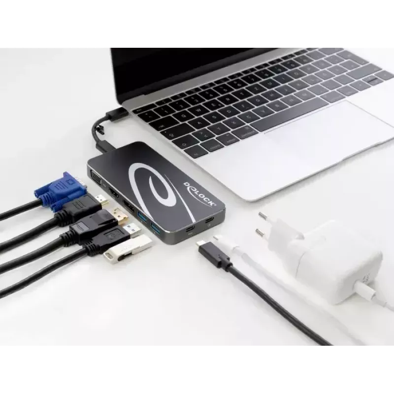 Dokstacija DeLOCK USB Type-C 3.2 4K HDMI DP 1080p VGA USB centrmezgls PD 3.0