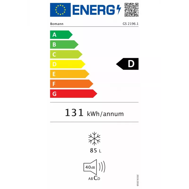 Vertikālais saldētava BOMANN GS 2196.1 — 85 L, D klase, 3 atvilktnes, maināmas durvis, 10 kg/24h