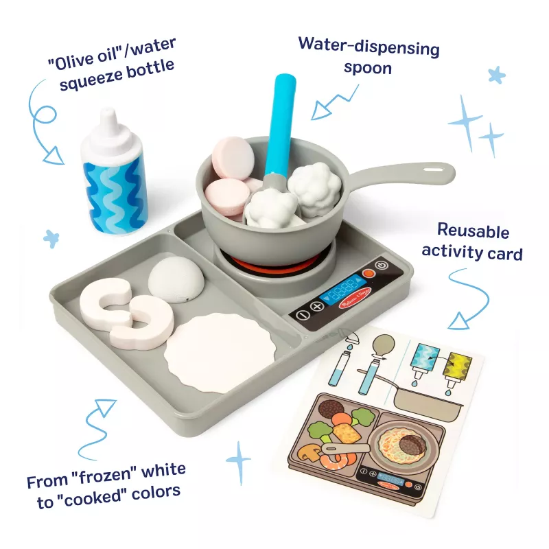 Melissa & Doug Simmer & Stir Stovetop Play Set ar Water WOW! Krāsu atklāšanas rotaļu ēdienu pirmsskolas rotaļlieta vecumam no 3 gadiem