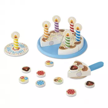Melissa & Doug dzimšanas dienas kūka - koka rotaļu ēdiens ar dažādiem papildinājumiem un 7 svecēm