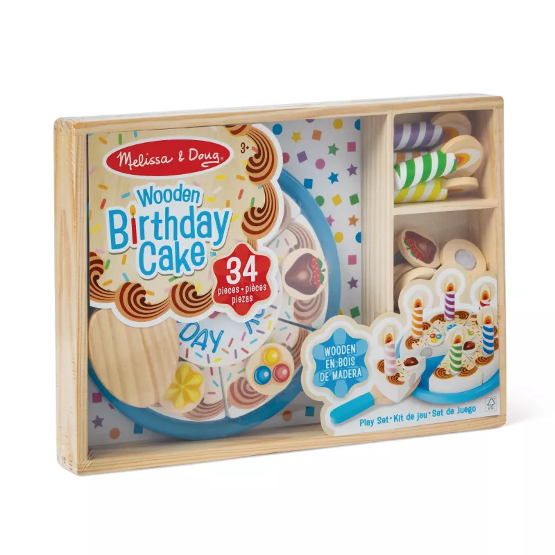 Melissa & Doug dzimšanas dienas kūka - koka rotaļu ēdiens ar dažādiem papildinājumiem un 7 svecēm