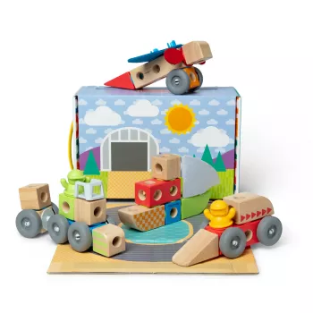 Koka saspiežamo-spēlējamo transportlīdzekļu būvēšanas komplekts Melissa & Doug Blockables, 54 gab., savienojami, FSC sertificēti