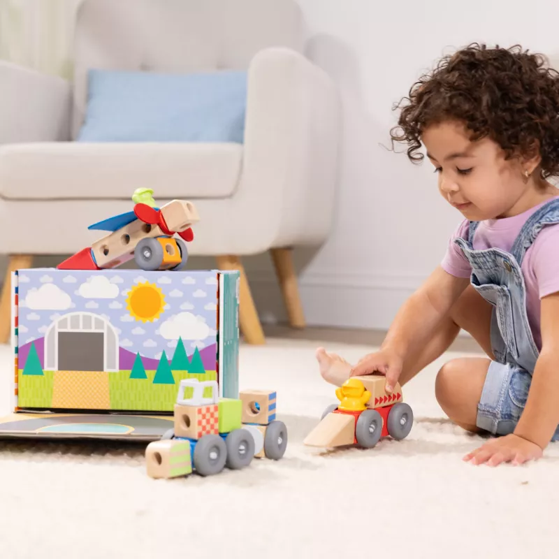 Koka saspiežamo-spēlējamo transportlīdzekļu būvēšanas komplekts Melissa & Doug Blockables, 54 gab., savienojami, FSC sertificēti