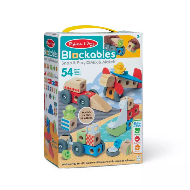 Koka saspiežamo-spēlējamo transportlīdzekļu būvēšanas komplekts Melissa & Doug Blockables, 54 gab., savienojami, FSC sertificēti