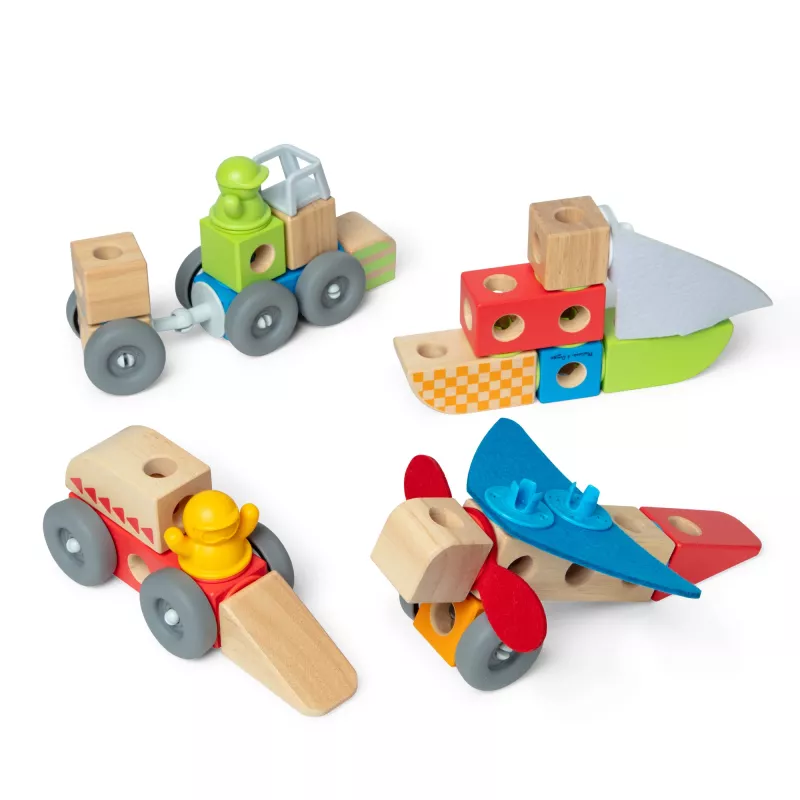 Koka saspiežamo-spēlējamo transportlīdzekļu būvēšanas komplekts Melissa & Doug Blockables, 54 gab., savienojami, FSC sertificēti