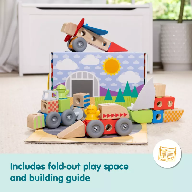 Koka saspiežamo-spēlējamo transportlīdzekļu būvēšanas komplekts Melissa & Doug Blockables, 54 gab., savienojami, FSC sertificēti