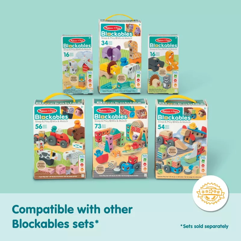 Koka saspiežamo-spēlējamo transportlīdzekļu būvēšanas komplekts Melissa & Doug Blockables, 54 gab., savienojami, FSC sertificēti
