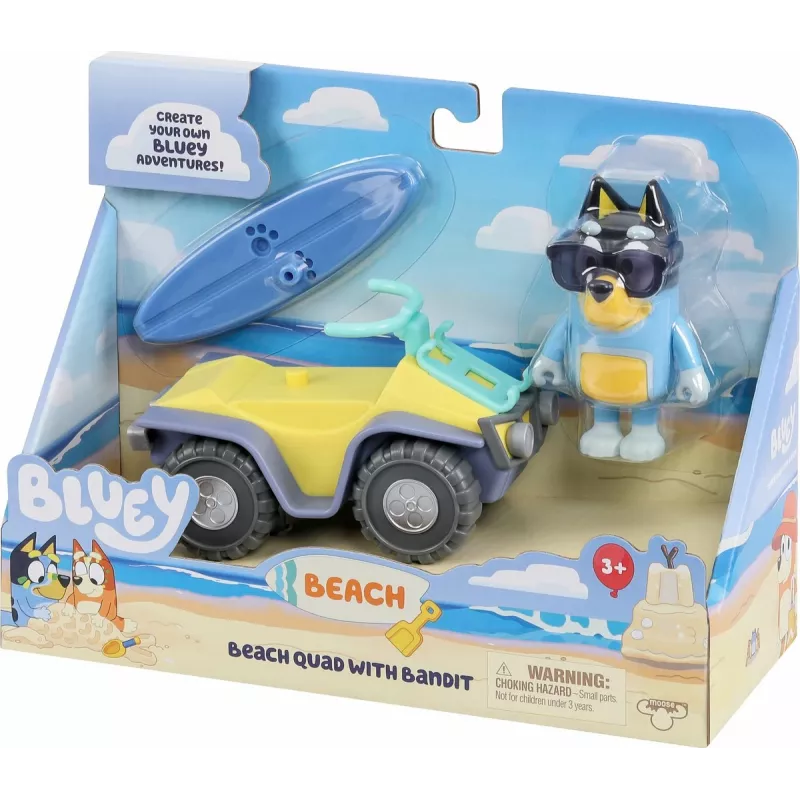 Moose Toys Bluey S9 figūriņas un transportlīdzekļa komplekts Pludmales kvadracikls ar Bandit