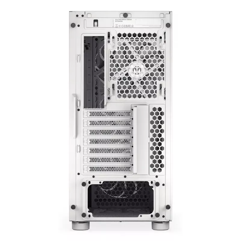 PC Midi Tower korpuss ENDORFY ARX 500 ARGB balta — rūdīts stikls, atbalsta ATX/Micro-ATX/Mini-ITX, 3x140mm priekšā + 1x140mm aizmugurē, 1×3,5 collu + 6×2,5 collu nodalījumi