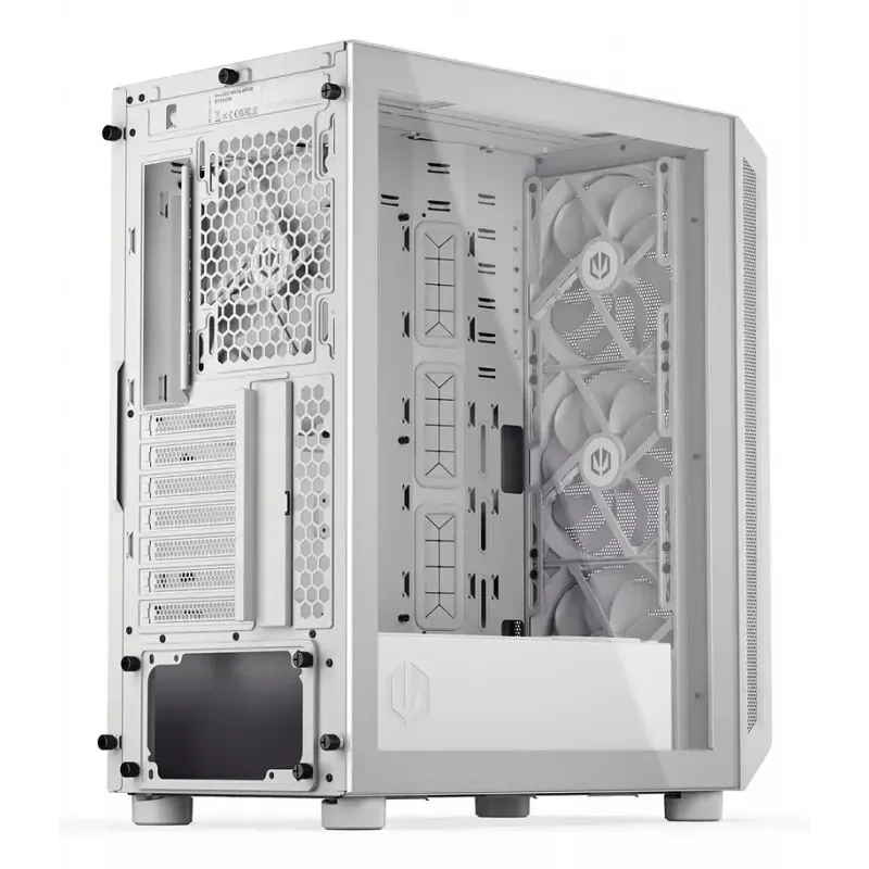 PC Midi Tower korpuss ENDORFY ARX 500 ARGB balta — rūdīts stikls, atbalsta ATX/Micro-ATX/Mini-ITX, 3x140mm priekšā + 1x140mm aizmugurē, 1×3,5 collu + 6×2,5 collu nodalījumi
